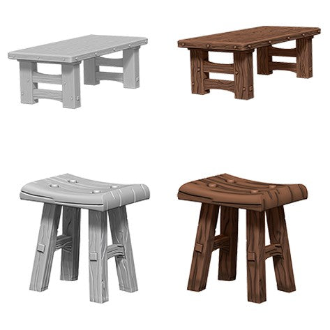 WIZKIDS UNPAINTED MINIS WV4 WOODEN TABLE/STOOLS